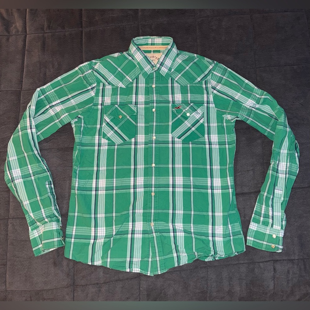 Hollister Green Button Up Long Sleeve Plaid Shirt size XL Y2K